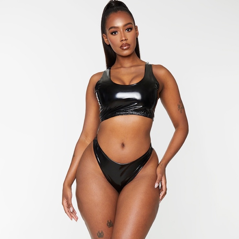 NWT 🖤 PLT Black Vinyl High Leg Bikini Bottoms